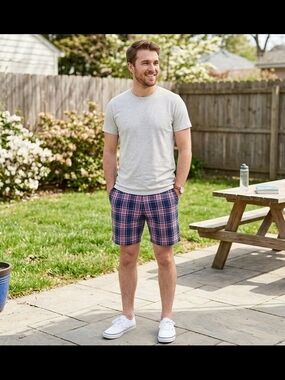 VTG Red Camel Men's Plaid Cotton Casual Shorts - Navy/Pink Size 36